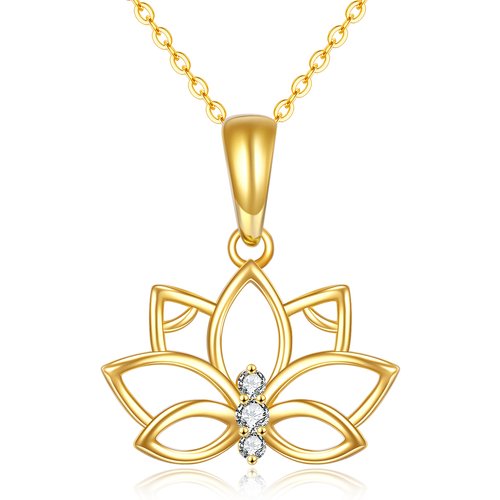 14K Gold Circular Shaped Zircon Lotus Pendant Necklace