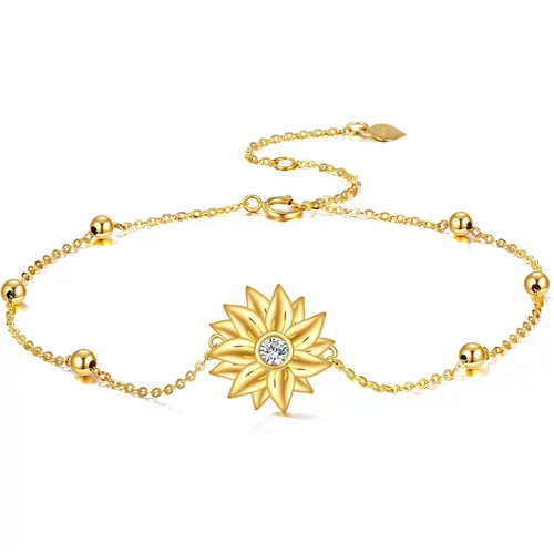 14K Gold Circular Shaped Zircon Sunflower Charm Bracelet