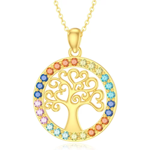 14K Gold Circular Shaped Zircon Tree Of Life & Chakras Pendant Necklace