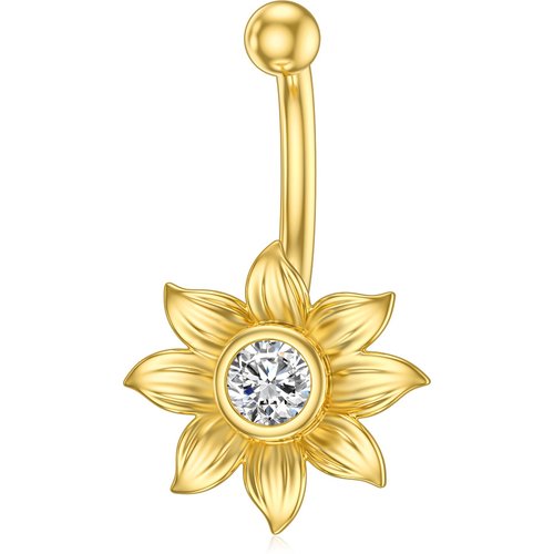 14K Gold Circular Cubic Zirconia Sunflower Belly Button Ring