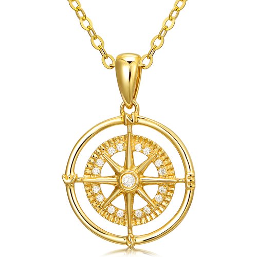 14K Gold Compass Pendant Necklace with 5A Austria Zircon