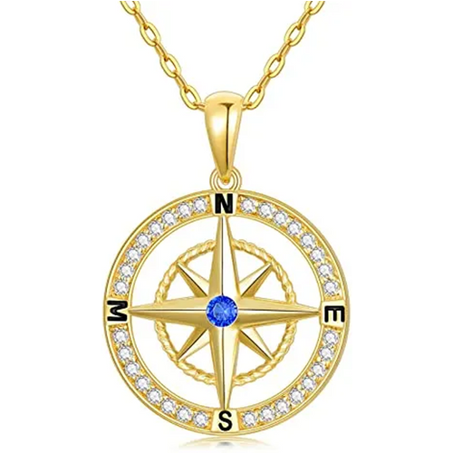 14K Gold Cubic Zirconia Compass Pendant Necklace