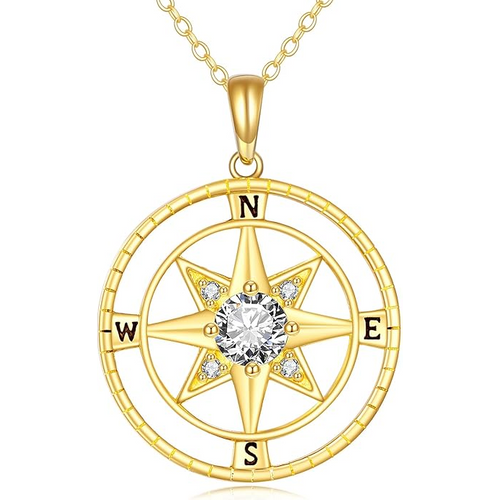 14K Gold Cubic Zirconia Compass Star Necklace for Women