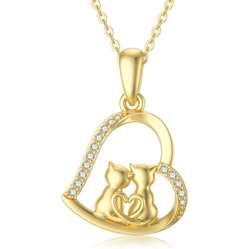 14K Gold Cubic Zirconia Couple Cats & Heart Pendant Necklace