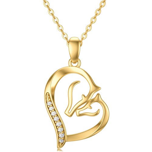 14K Gold Cubic Zirconia Couple Horse & Heart Pendant Necklace