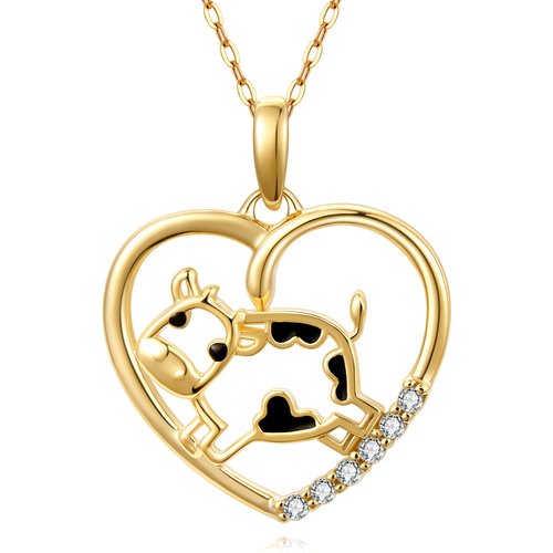 14K Gold Cubic Zirconia Cow & Heart Pendant Necklace
