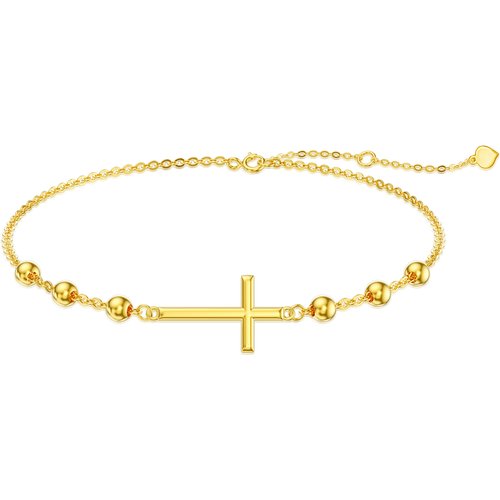 14K Gold Cross Bead Station Chain Bracelet