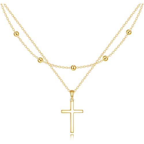 14K Gold Cross Bead Station Chain Layered Necklace