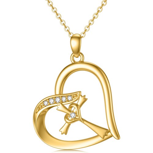 14K Gold Cubic Zirconia Cross & Double Heart Pendant Necklace