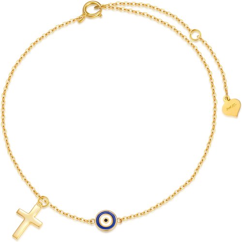 14K Gold Cross & Evil Eye Single Layer Charm Anklet