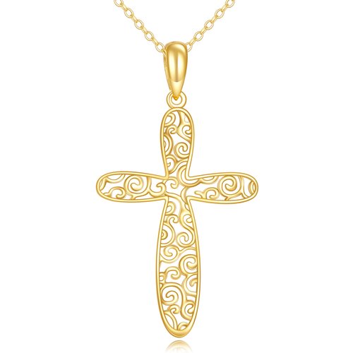 14K Gold Cross Filigree Pendant Necklace
