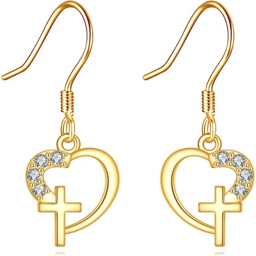 14K Gold Cubic Zirconia Cross & Heart Drop Earrings