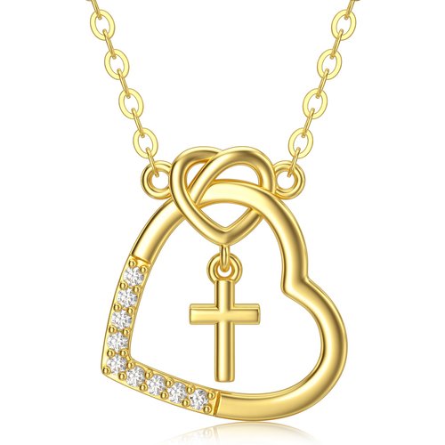 14K Gold Heart Cross & Love Knot Pendant Necklace With 5A Grade Austria Crystal