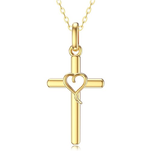 14K Gold Cross & Heart Pendant Necklace