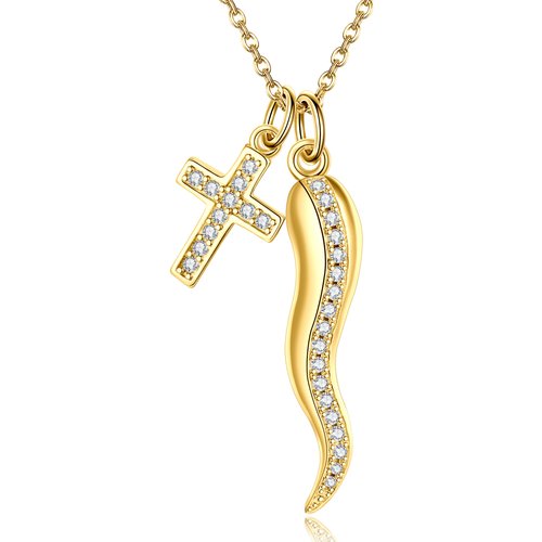 Gold Vermeil Cubic Zirconia Cross Italian Horn Necklace for Women