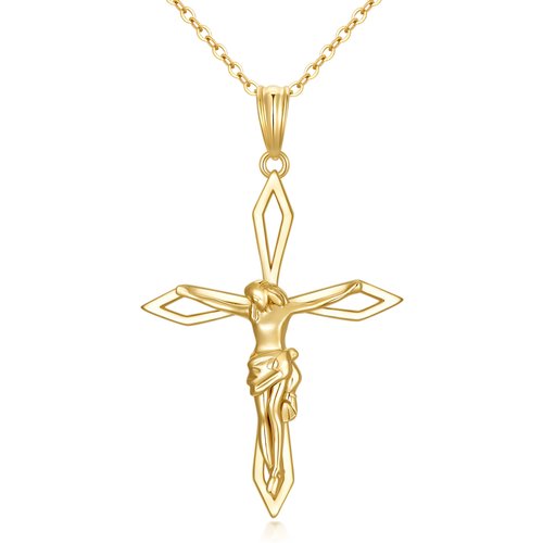 14K Gold Cross & Jesus Pendant Necklace