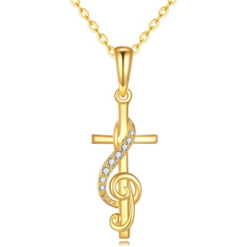 14K Gold Cubic Zirconia Cross & Music Symbol Pendant Necklace