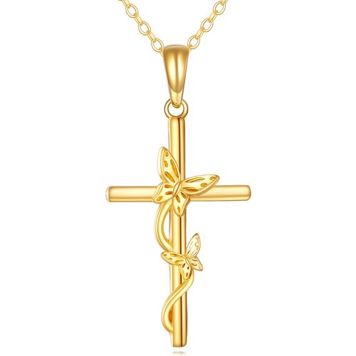 14K Gold Butterfly & Cross Pendant Necklace