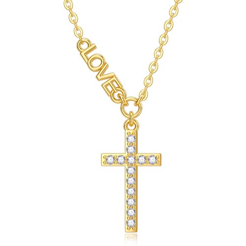 14K Gold Cubic Zirconia Cross Pendant Necklace with Engraved Word