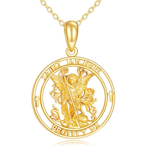 14K Gold Cross & St. Michel Pendant Necklace with Engraved Word for Men