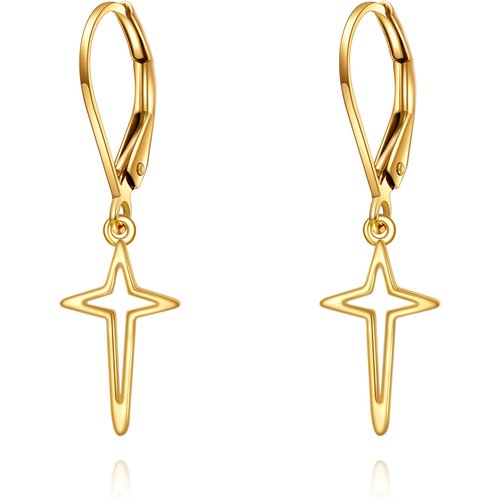 14K Gold Cross & Star Lever-back Earrings