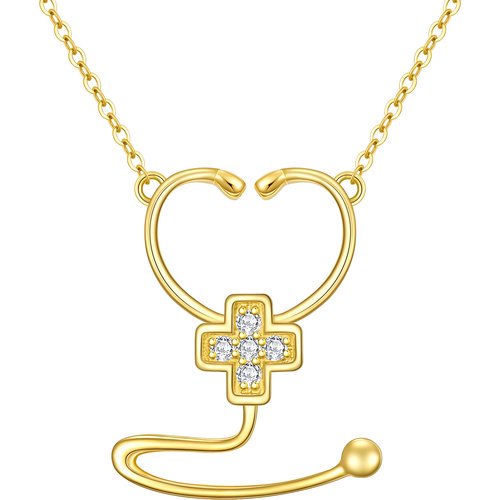 14K Gold Cubic Zirconia Cross & Stethoscope Necklace for Women