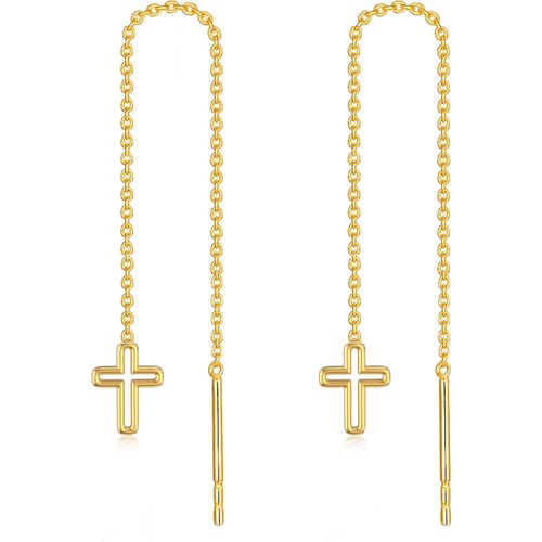 14K Gold Cross Threader Drop Earrings Party Wedding Dating Birthday Gift For Women