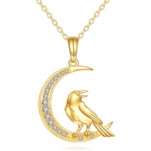 14K Gold Crow Cubic Zirconia Pendant Necklace