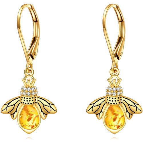 14K Gold Crystal & Cubic Zirconia Bee Lever-back Earrings