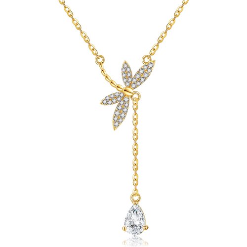 14K Gold Crystal Dragonfly Non-adjustable Y-Necklace