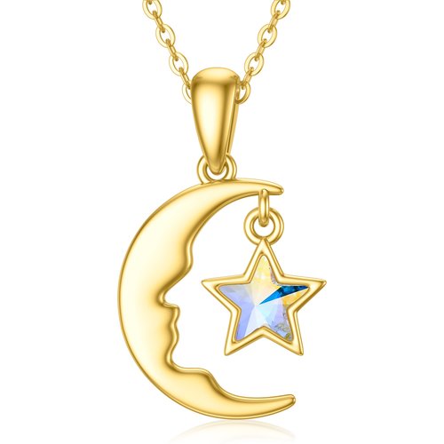 14K Gold Crystal Moon & Star Pendant Necklace