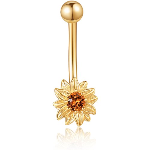 14K Gold Crystal Sunflower Belly Button Ring
