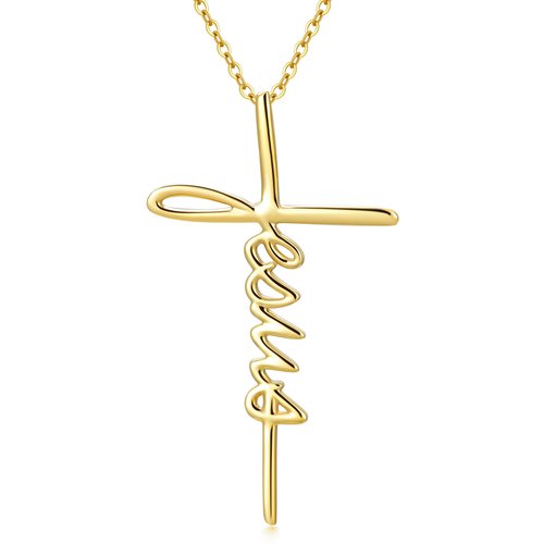 14K Gold Cursive Faith Cross Pendant Necklace