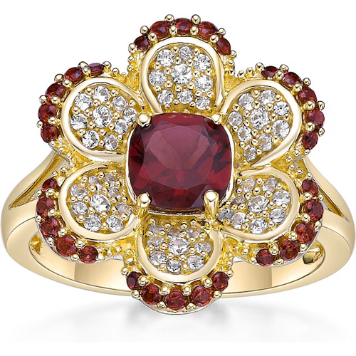 14K Gold Cushion Garnet with Round White Sapphire Flower Split Shank Couple Custom Engraving Band