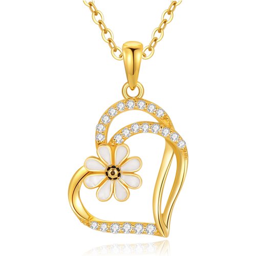 14K Gold Cubic Zirconia Daisy & Heart With Heart Necklace for Women
