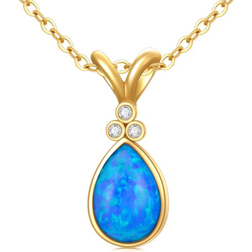 14K Gold Diamond & Blue Opal Drop Shape Aries Pendant Necklace