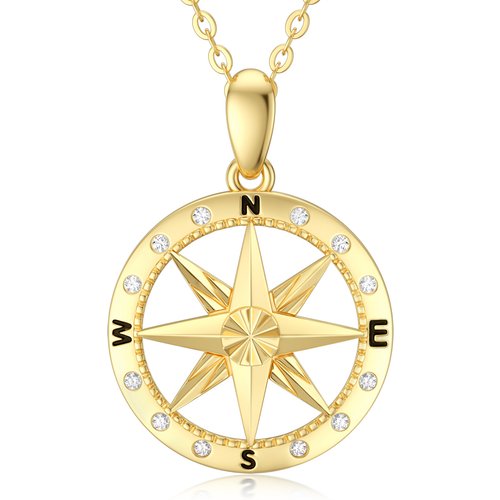 14K Gold Cubic Zirconia Diamond Cut Compass Pendant Necklace