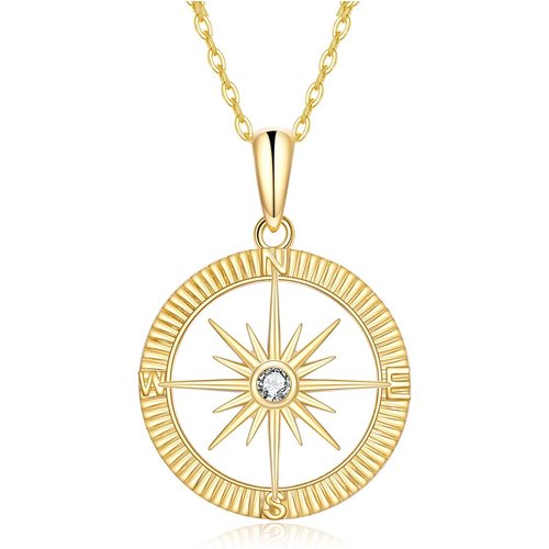 14K Gold Cubic Zirconia Diamond Cut Compass & Sun Pendant Necklace