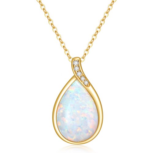 14K Gold Diamond & Drop Shaped Opal Pendant Necklace