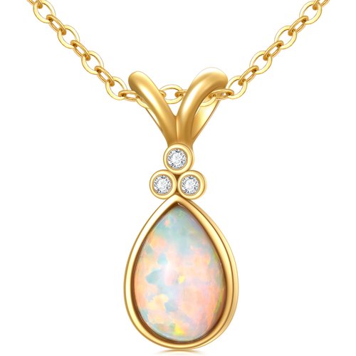 14K Gold Diamond & Orange Opal Drop Shape Pendant Necklace