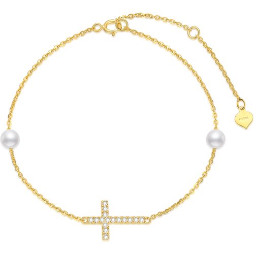 14K Gold Diamond & Pearl Cross Charm Bracelet