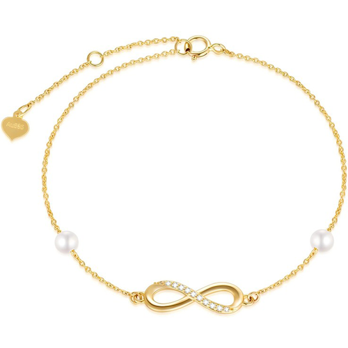 10K Gold Diamond & Pearl Infinity Symbol Single Layer Charm Anklet
