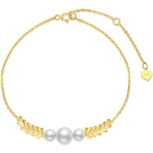 14K Gold Diamond & Pearl Leaves Charm Bracelet