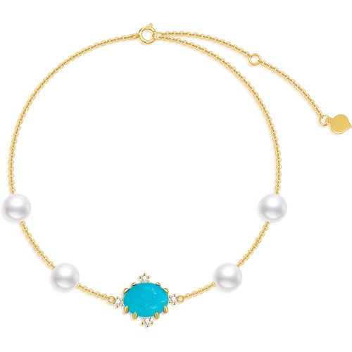 14K Gold Diamond & Pearl & Turquoise Crown Charm Bracelet