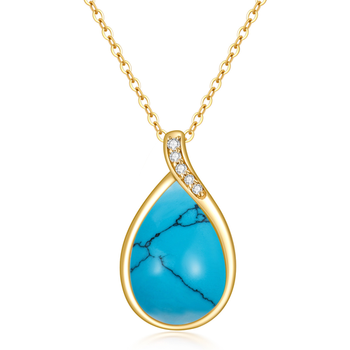 14K Gold Diamond & Turquoise Drop Shape Pendant Necklace