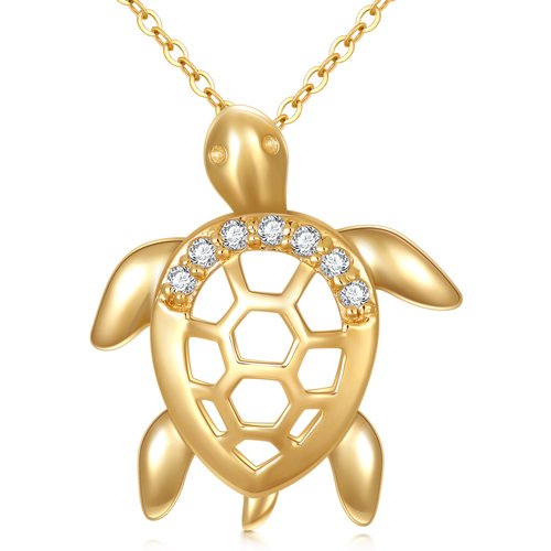 14K Gold Diamond Turtle Pendant Necklace For Women