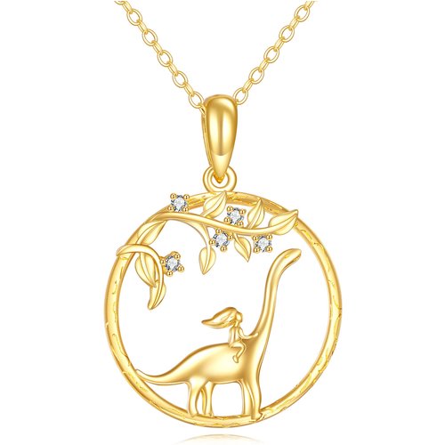 14K Gold Cubic Zirconia Dinosaur With Girl Pendant Necklace