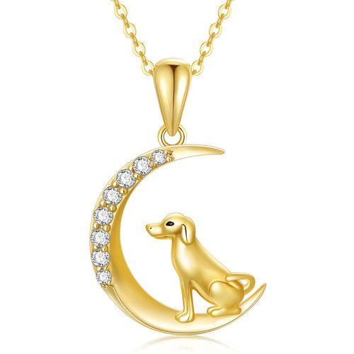14K Gold Cubic Zirconia Dog & Moon Pendant Necklace