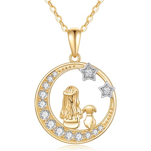 14K Gold Cubic Zirconia Girl With Dog & Moon With Star Pendant Necklace For Women