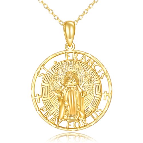 14K Gold Dog & Saint Francis Pendant Necklace with Engraved Word for Men